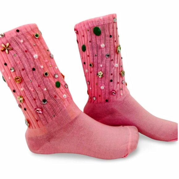 Effortless Shine Light Pink Rhinestone Charm Slouch Socks "Skater" YS1504 - Picture 2 of 4